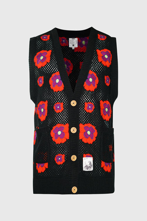 The Hideout Clothing - Opium Poppy Flower Crochet Sleeveless Cardigan