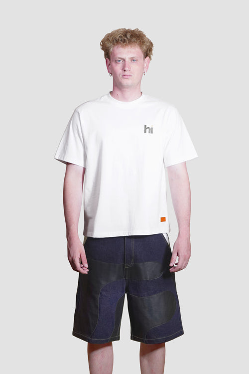 Camouflage Vegan Leather Denim Cargo Jeans Shorts model