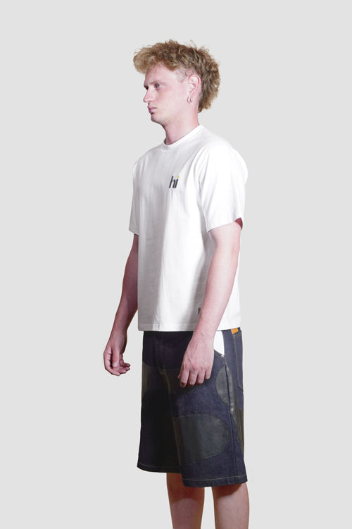 Camouflage Vegan Leather Denim Cargo Jeans Shorts model