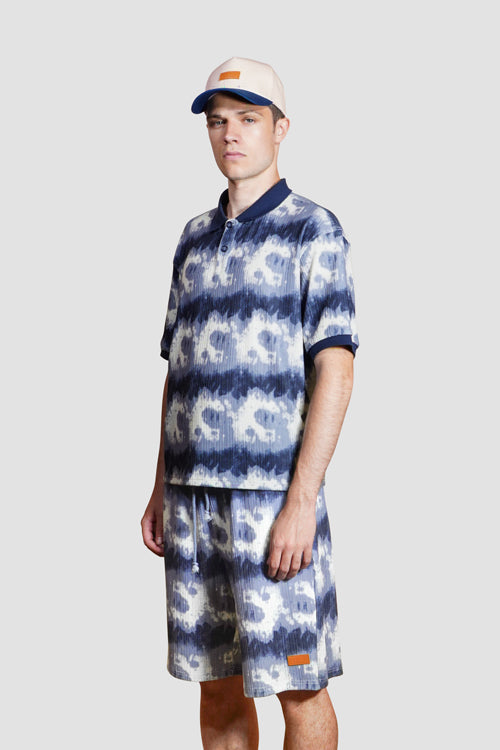 Cloud Pattern Short-Sleeve Knit Polo Shirt