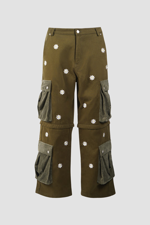 Embroidered Flowers Detachable Cargo Pants Shorts