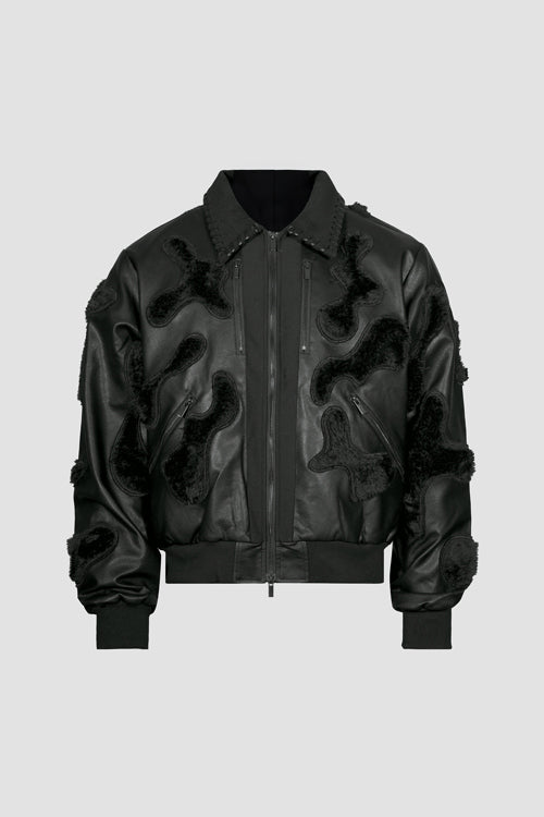 Faux Fur Vegan Leather Camouflage Jacket Black