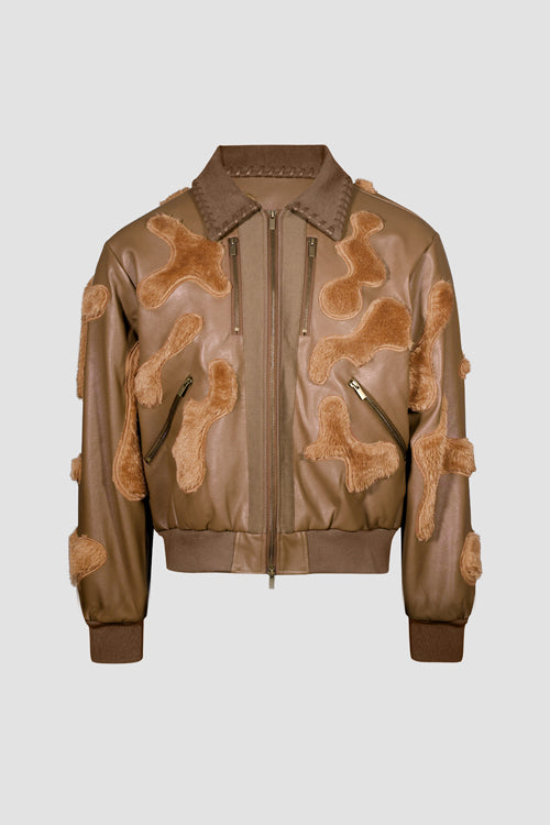 Faux Fur Vegan Leather Camouflage Jacket Brown