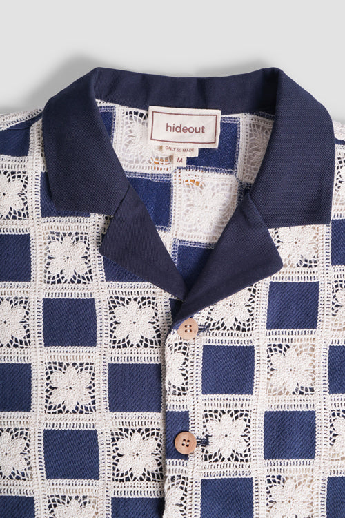 Flower Pattern Crochet Button Up Shirt Blue-White