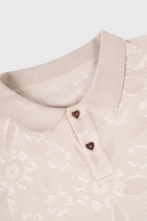 Flower Pattern Textured Knit Polo Shirt White Pink