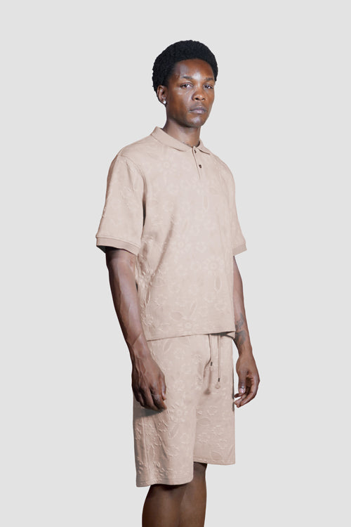 Flower Pattern Textured Knit Polo Shirt White Pink model